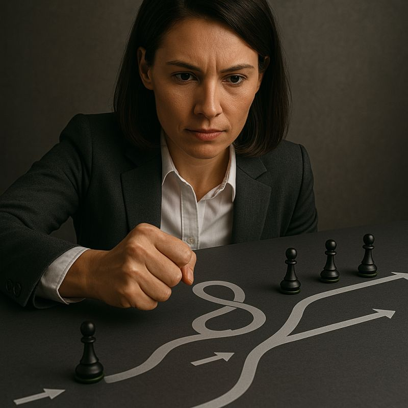 Executive strategizing with chess pieces on a growth chart